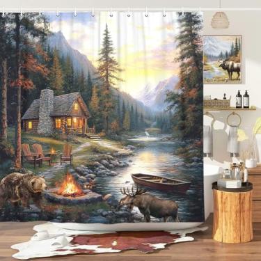 Imagem de Dongbei Cortina de chuveiro rústica para cabana com alce de urso, camuflagem River Lake Woodland Wildlife cortina de banho acampamento de caça floresta paisagem paisagem natural conjunto de decoração