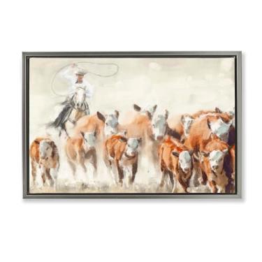 Imagem de Stupell Industries Tela flutuante emoldurada Cowboy Cattle Roundup Design de arte de parede por Nina Blue, moldura flutuante cinza, 25 x 17