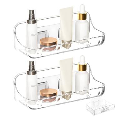 Imagem de Ranjaner Pacote com 2 prateleiras de chuveiro de acrílico com saboneteira, prateleira adesiva transparente para banheiro, suporte de parede sem perfuração, suporte de chuveiro de acrílico com fita