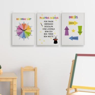 Imagem de Quadros Educativos Horas Palavras Direções 3 Peças 20x28cm - camaleão 