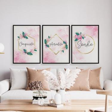 Imagem de Quadros Rosa Gold Acredite Sonhe Conquiste 3 Peças 28x40cm - CAMALEÃO 