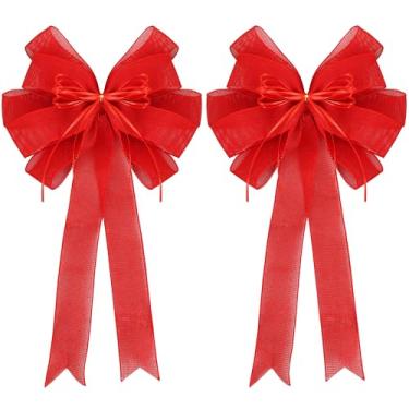 Imagem de RIBBOOO Pacote com 2 laços vermelhos de árvore de Natal 30,5 x 50,8 cm grande arco de guirlanda de serapilheira com cordão de glitter para topo de árvore de Natal, decoração de porta da frente de