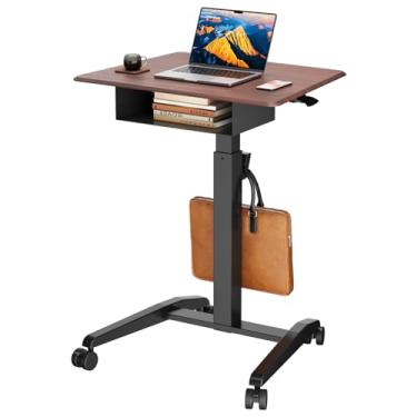 Imagem de JOY worker Mesa de laptop com rodinhas ajustáveis em altura com prateleira, mesa móvel para laptop, pneumática com rodas para sofá, escritório em casa, escola, comporta até 10 kg, nogueira escura