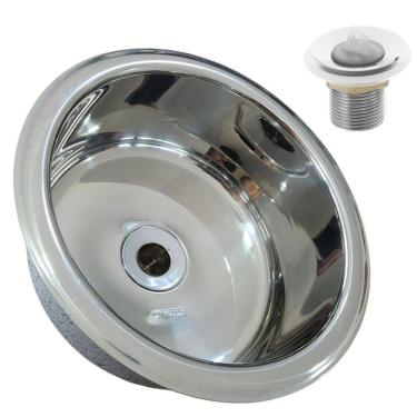 Imagem de Strake Cuba Inox 304 Redonda Embutir 20X10cm P/ Banheiros E Lavabos 320Cb Com Valvula
