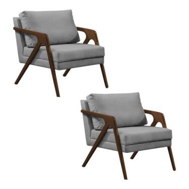 Imagem de Kit 2 Poltronas Mona Monique Luxo Base Madeira Maciça Mel Veludo Cinza