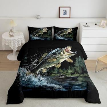 Imagem de Feelyou Jogo de cama queen com estampa de peixe lúcio grande, estampa de caça e pesca, rústico, casa de fazenda, macio, tema de animal selvagem, conjunto de colcha