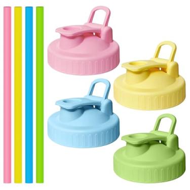 Imagem de SusuBee Pacote com 4 tampas de frasco de vidro de boca larga com 4 canudos de silicone, bico de despejo, tampas de reposição para bebidas, serve para pote de mason ball de boca larga