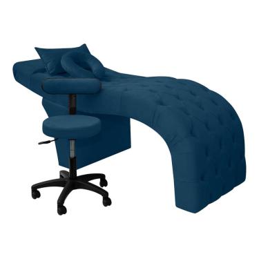 Imagem de Maca Estética Para Extensão De Cílios Charme + Mocho Tapeçado Veludo Azul Marinho