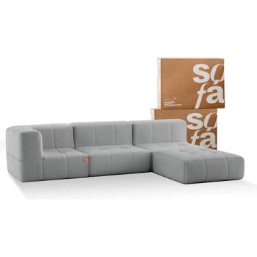 Imagem de Sofá 3 lugares Modular com Apoio (Puff) - Sofá na Caixa em Boucle com 4 Módulos 2,58m (Cinza, 1 Braço)