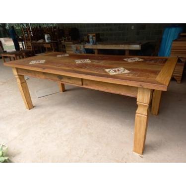 Imagem de Mesa de Jantar Rústica com Ladrilho Hidráulico, 180 x 80 cm, Madeira Maciça, Marrom