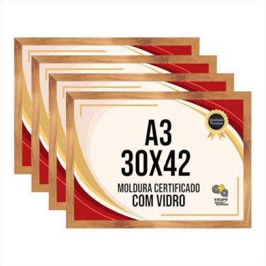 Imagem de Kit com 4 Molduras 30x42 cm - Tamanho A3 - Moldura Revestida com Vidro - Moldura para Parede, Poster, Fotografia, Fotos, etc. (Mel)