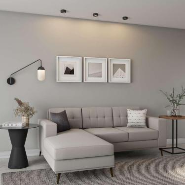 Imagem de Sofá 3 Lugares Happy com Chaise Esquerdo Pé Palito Linho Cotton Cru