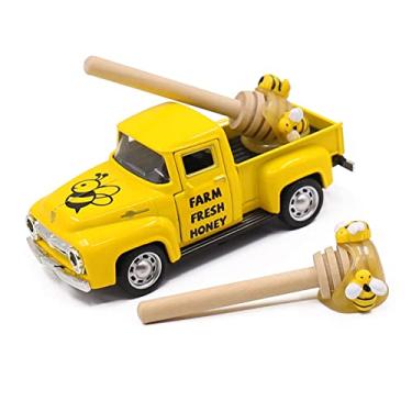 Imagem de Huray Rayho Mini Farm Fresh Honey Yellow Truck Toy with Faux Honey Dippers Farmhouse Honeybee Tiered Tray Decor Vintage Pickup Metal Truck Spring for Summer Bookshelf Table Kitchen Decors