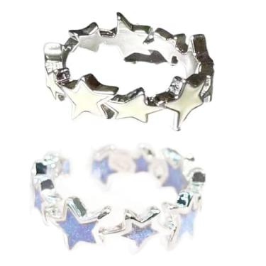 Imagem de AIEDE 2 anéis de empilhamento de estrelas banhados a prata com turquesa e esmalte creme anéis abertos para mulheres