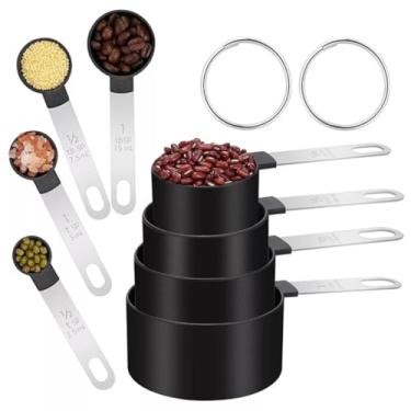 Imagem de Kit 8 Peças Medidores De Cozinha Colheres Medidor Culinário Copo Dosador Jogo Colher Aço Inox Medida Chá Café (Preto)