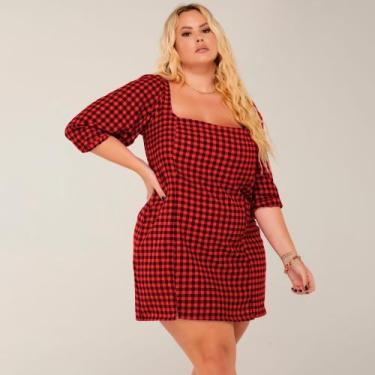 Imagem de Vestido Xadrez Adulto Curto Plus Size Inverno Meia Estação Manga 3/4 A