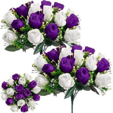 Imagem de Riceshoot 2 buquês de flores de cemitério, 18 cabeças, flores artificiais para cemitério, sepultura de seda, arranjos de rosas falsas para lápides, decorações de lápides, túmulos de verão (roxo