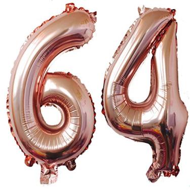 Imagem de Folha de ouro rosa de 101,6 cm, 64 balões com números digitais jumbo de hélio, decoração de aniversário de 64 anos para mulheres ou homens, artigos para festa de aniversário de 64 anos