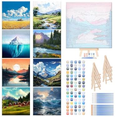 Imagem de RoundFunny Kit de 8 conjuntos de pintura por números para adultos com mini pintura simples em tela de 20 x 20 cm, armação de madeira, cavalete de tintas acrílicas, pincéis engraçados, kit de desenho