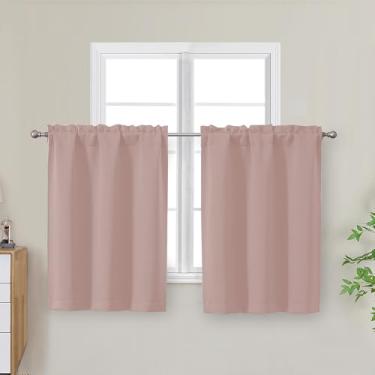 Imagem de OWENIE Cortinas de cozinha rosa blush 76 cm de comprimento, pequenas cortinas blecaute com isolamento térmico camada sobre a pia, bolso para varão, meia janela para banheiro, quarto, acampamento