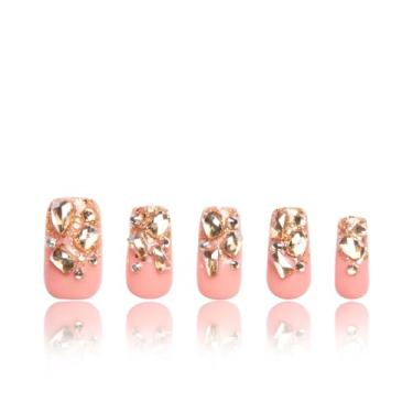 Imagem de LOVFUL Unhas De Pressão Stardust Gold | Feitas À Mão Com Cristais Totalmente Cobertos, Postiças Reutilizáveis, Quadradas Regulares 2,5 Cm, H84-S