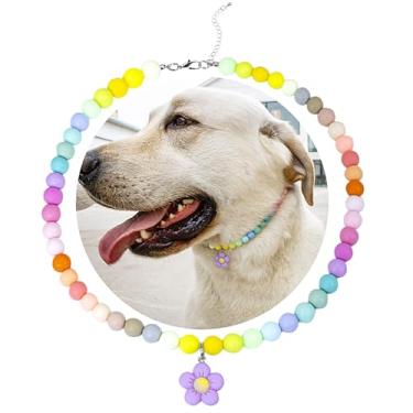 Imagem de SM4BED Colar de pérolas com coleira de cachorro, contas foscas coloridas e pingente de flor adorável, joia ajustável para cães grandes, 2GG 51 cm