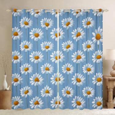 Imagem de Feelyou Cortinas margaridas para sala de estar (2 painéis, 42 x 63 polegadas) Impressão floral botânica 30%-50% cortina blackout tema natural escurecimento sonhos flores flores tratamento janela azul