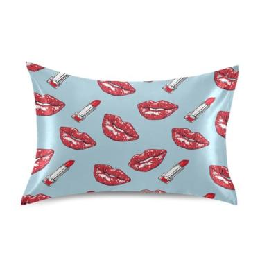Imagem de ALAZA Lábios vermelhos batom cetim fronha queen size fronhas fechamento envelope capa de almofada de cama, 50,8 x 76,2 cm