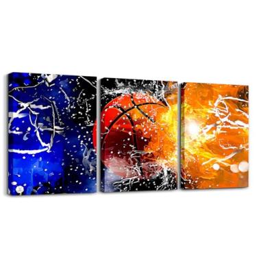 Imagem de jejeloiu Arte de parede em tela de basquete para meninos para sala de estar quarto 30 cm x 40,6 cm x 3 peças bola jogos fogo e água decoração de parede para decoração de casa de banho para crianças