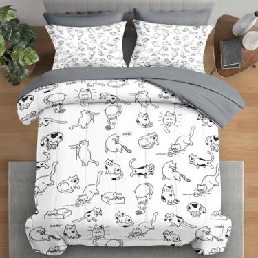 Imagem de Pamnest Jogo de lençol solteiro, com estampa de gato engraçado, 5 peças, animais fofos, para crianças e adultos, lençol com elástico, fronha e fronha para decoração de quarto