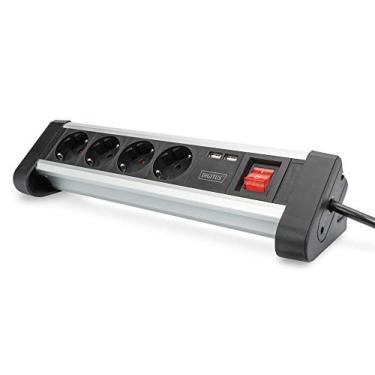 Imagem de DIGITUS Extensão com USB, 2 portas de carregamento USB-A, 4 tomadas de energia, interruptor, montagem em mesa e parede, alumínio, preto/prateado.
