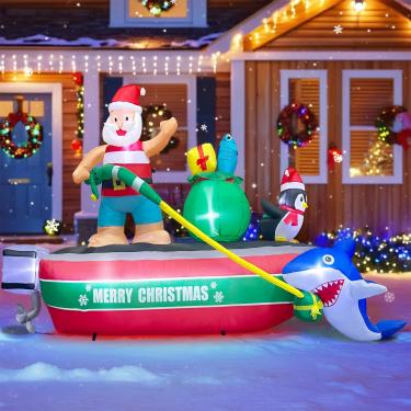 Imagem de Pugwoy Decoração Inflável De Natal Para Áreas Externas, Papai Noel 2,4 Metros Em Barco Com Pinguim/Tubarão/Saco Presentes, Luzes Led Embutidas, Festas, Quintal E Jardim