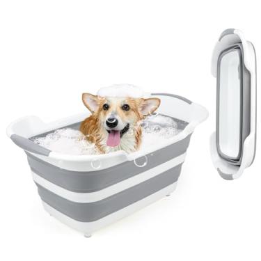 Imagem de FHTONGE Banheira dobrável para cães de 27 litros/27 L com coletor de pelos de drenagem, banheira multifuncional para cães pequenos a M, lavatório portátil para cachorros, lavatório de chuveiro, cesto