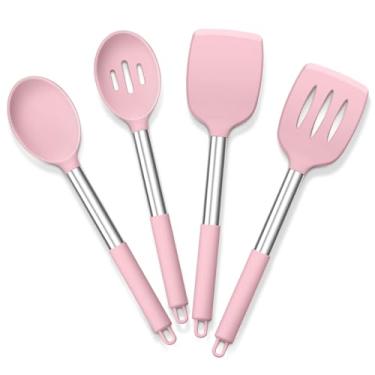 Imagem de E-far Conjunto de 4 utensílios de cozinha, utensílios de cozinha de silicone para panelas antiaderentes, espátula com fenda resistente ao calor e não tóxica, espátula sólida para virar, misturar