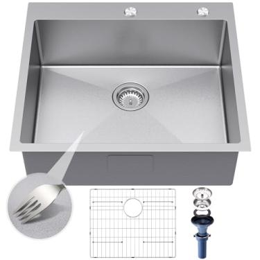 Imagem de Frogink Pia de cozinha em relevo de 63 cm de altura de 63 cm x 55 cm, acabamento em microcontas 3D resistente a arranhões, tigela única de aço inoxidável, calibre 16, 23 cm de profundidade, fácil de