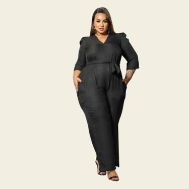 Imagem de Macacão Plus Size Longo Linho Festa Elegante Lia Rosa, Preto, GG