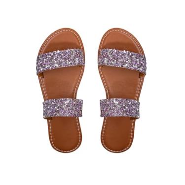 Imagem de OYOANGLE Sandálias femininas de lantejoulas metálicas com tiras duplas, bico aberto, sem cadarço, sandálias brilhantes para uso ao ar livre, Roxa, 39