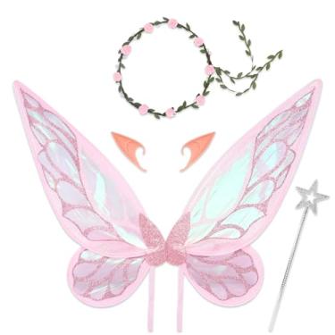 Imagem de ALIBBON Conjunto de fantasia de fada rosa com glitter com guirlanda floral, orelhas de elfo para mulheres e adultos, acessórios de fantasia de asas de borboleta de organza para festas de Halloween