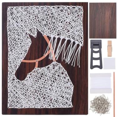 Imagem de INFUNLY Kit de arte de corda de cavalo para adultos 19 x 14 cm, kit de arte de corda de pônei com moldura de madeira 3D animal tudo incluído, kit de artesanato faça você mesmo com instruções fáceis de