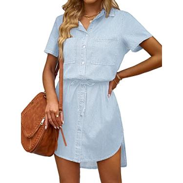 Imagem de luvamia Vestido jeans casual feminino, manga curta, cintura amarrada, clássico, vestido de camisa jeans, Azul névoa, XXG