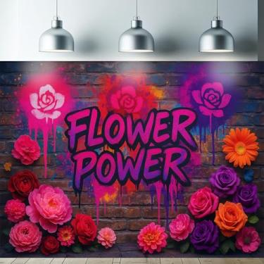 Imagem de Starlit Patio Flower Power Tapeçaria de luz negra UV reativo parede grafite tijolo rosas spray para quarto dormitório sala de estar brilhante retro decoração estética fluorescente pôster triplo 78 x