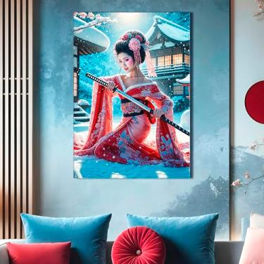 Imagem de PUREVACY Arte de parede de cena de inverno cinematográfica de uma gueixa japonesa com Katana. Pintura em tela para sala de estar. Impressões de arte de parede sem moldura tamanho 50 x 75 cm / 20 x 30