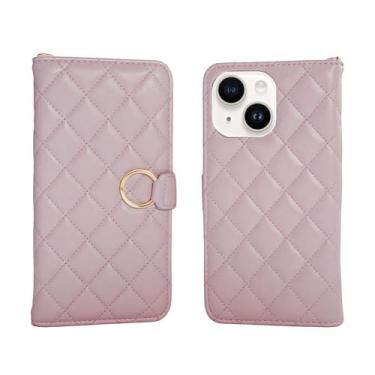 Imagem de Lejanuxy Capa carteira de couro acolchoada para iPhone 14 com suporte de anel, compartimentos para cartões, capa flip, roxa