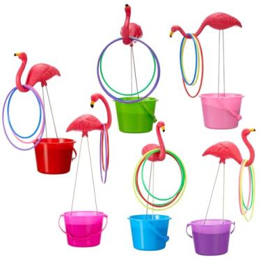 Imagem de Cinnvoice Jogo de arremesso pequeno de 72 peças de anel de flamingo para quintal, inclui mini decorações de jardim de flamingo rosa e baldes de areia, jogos de arremesso para praia, acampamento