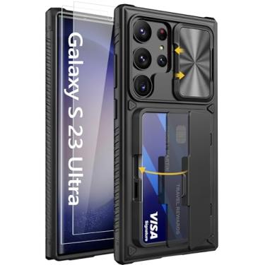 Imagem de Vihibii Capa para Samsung Galaxy S23 Ultra com suporte para cartão (4 cartões), protetor de tela de vidro temperado embutido 2X e capa de câmera deslizante e suporte, capa de telefone robusta e à