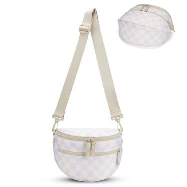 Imagem de FODOKO Bolsa tiracolo quadriculada preta e branca para mulheres, pochete quadriculada, carteiras, pequena bolsa de cinto despojada, Bege, Bolsa transversal quadriculada