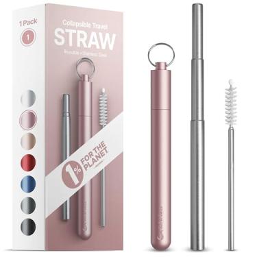 Imagem de SaferSeas Canudo reutilizável dobrável, canudo mais longo e caixa menor, embalagem sem plástico, 1% para o planeta, funciona com Yeti e Stanley, canudo de viagem dobrável com estojo (rosa, 1 pacote)