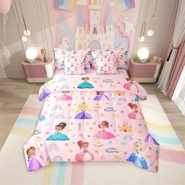 Imagem de Erosebridal Jogo de cama infantil com estampa de princesa mágica, 7 peças, castelo fofo, de microfibra, arco-íris, para crianças, meninas, rosa