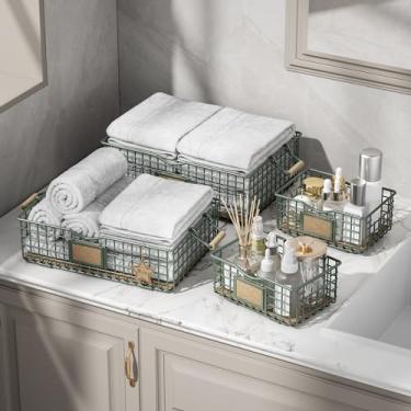 Imagem de Qcold Organizadores e armazenamento de banheiro, pacote com 4 cestas de armazenamento para prateleiras, organizador de caixas multiuso com alças de madeira, conjunto de cestas decorativas para