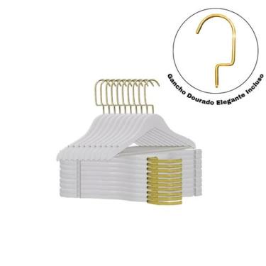 Imagem de Cabide De Madeira P/ Blusa C/ Barra Branco com dourado Caixa C/ 50 - P